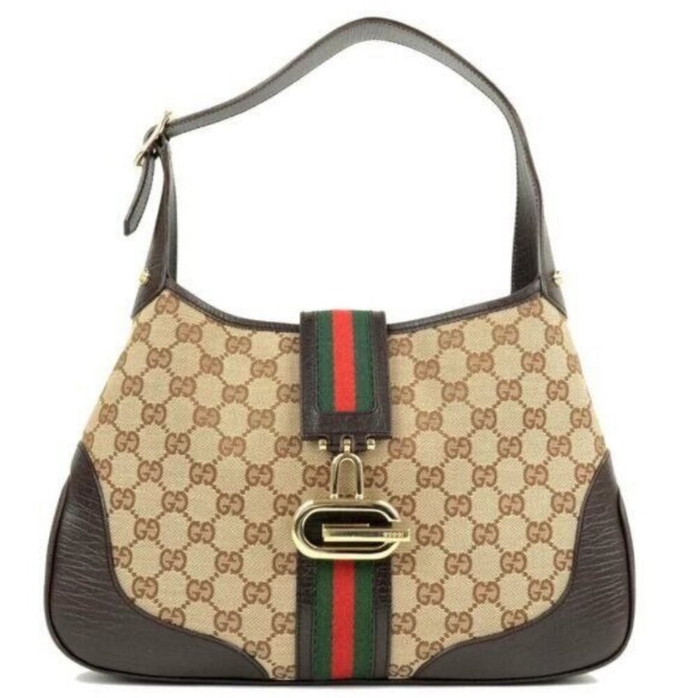 GUCCI GG Jackie Sherry Web Canvas Handbag Shoulder Bag Charm Ophidia